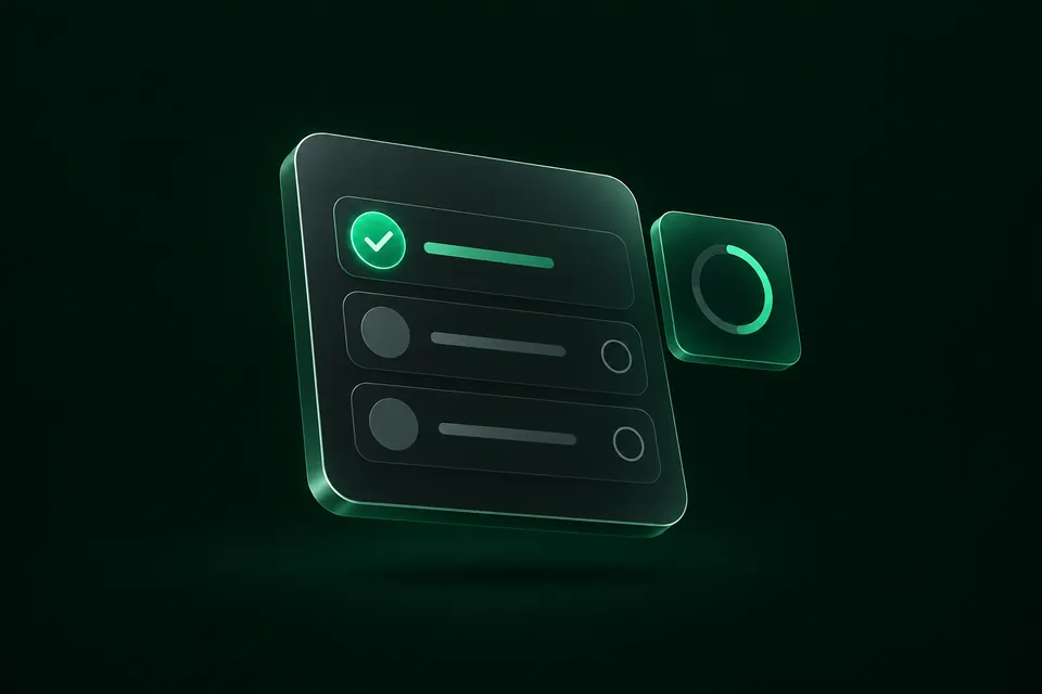 A minimal task card with a completed quest and an emerald progress ring.